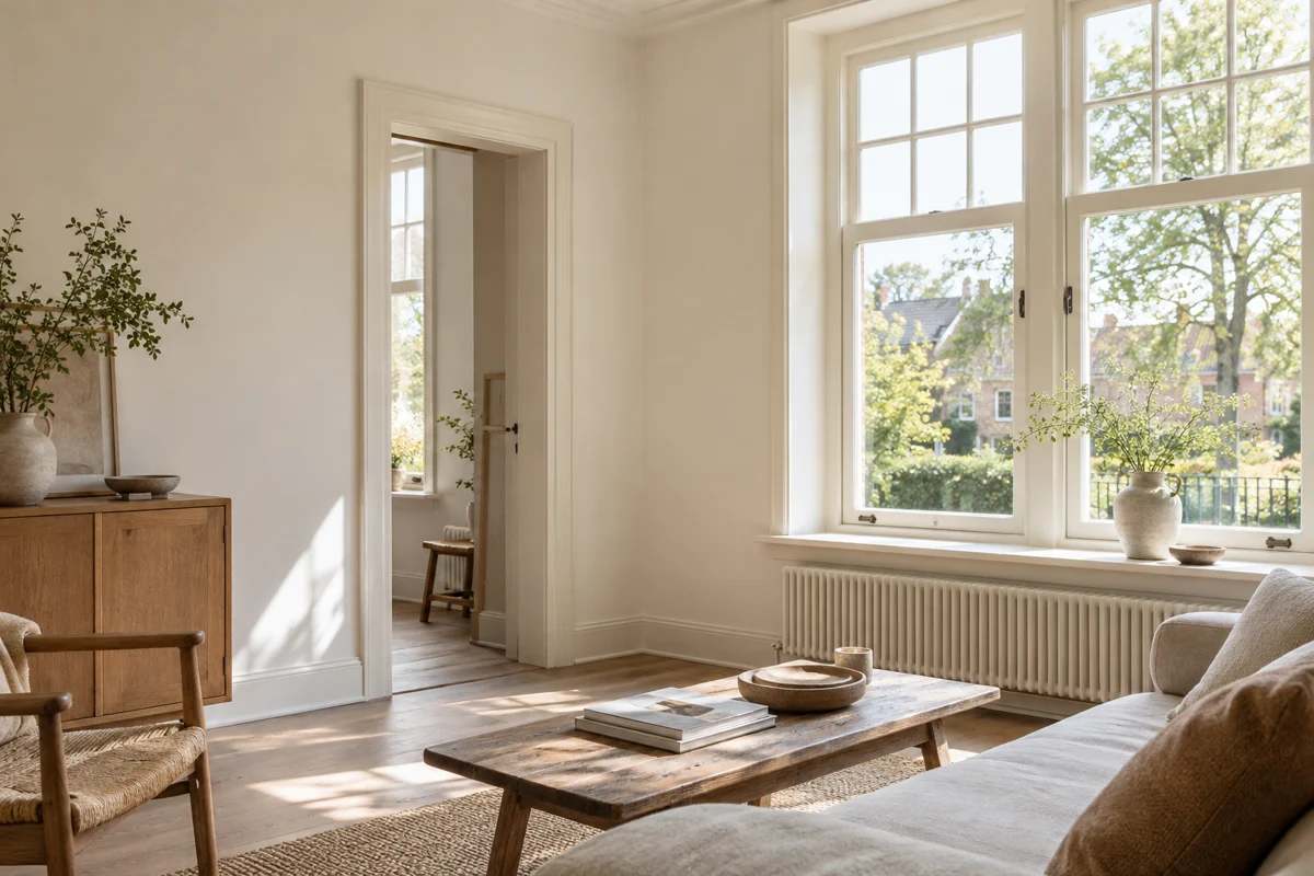 AI-sfeerbeeld van een licht interieur met geschilderde muren en een houten kozijn
