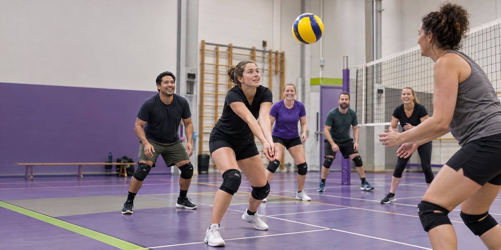 Recreanten oefenen een onderhandse pass in een sporthal.